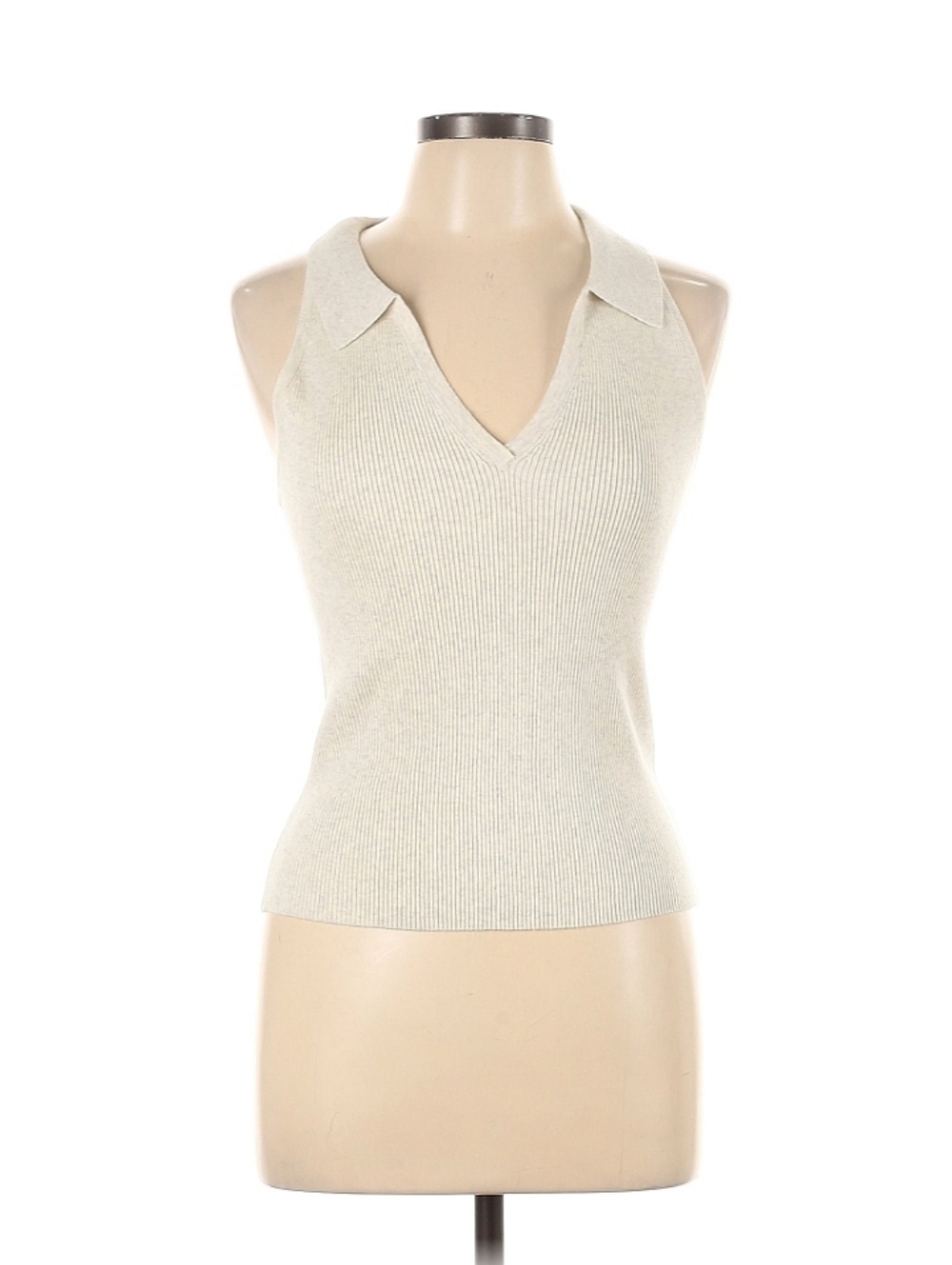 DKNY Ribbed V-Neck Sleeveless Cream Top Large